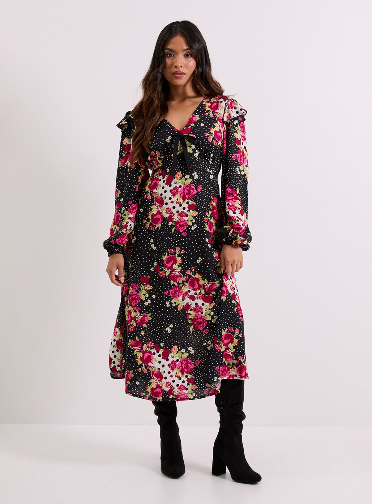 DOROTHY PERKINS Petite Patchwork Floral Contrast Bow Detail Frill Printed Midaxi Dress 6 - Image 1 thumbnail